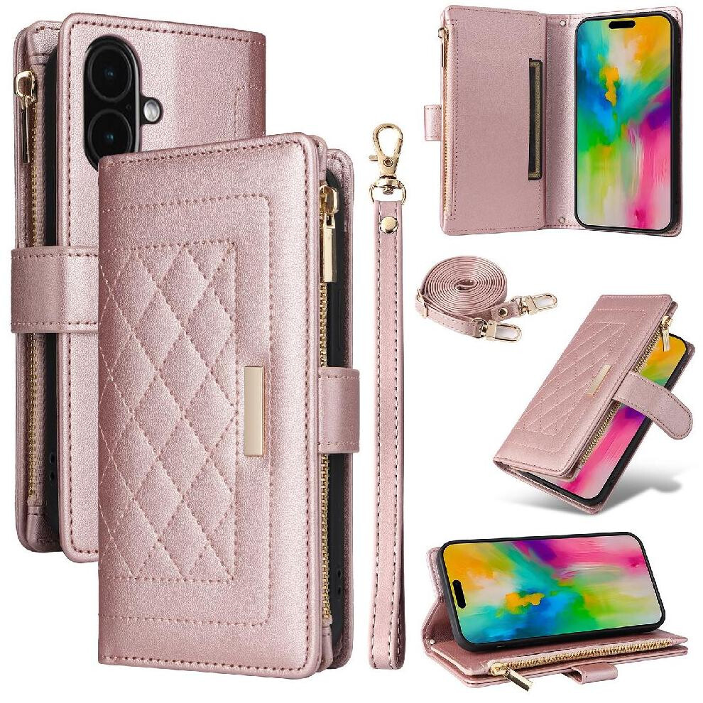 (Rose ) Flip Case For Iphone 16 Plus Strap Shockproof Card Slots Wallet Gold 764563736843