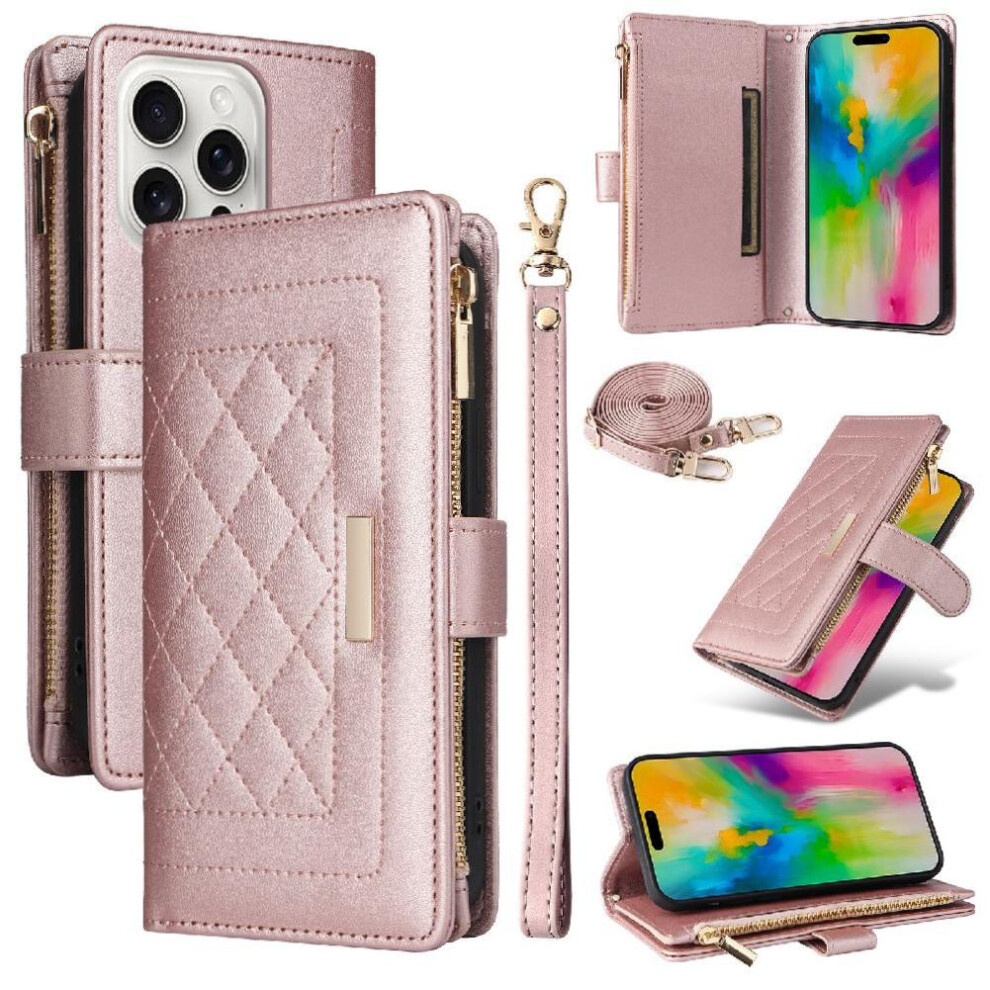 (Rose ) Flip Case For Iphone 16 Pro Strap Wallet Card Slots Shockproof Gold 764563736898