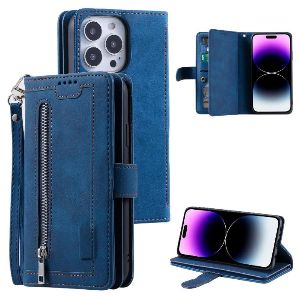(Blue) Flip Case For Iphone 16 Pro Max Kickstand 9 Card Slots Lanyard Pu Leather Wallet Blue 764563737871