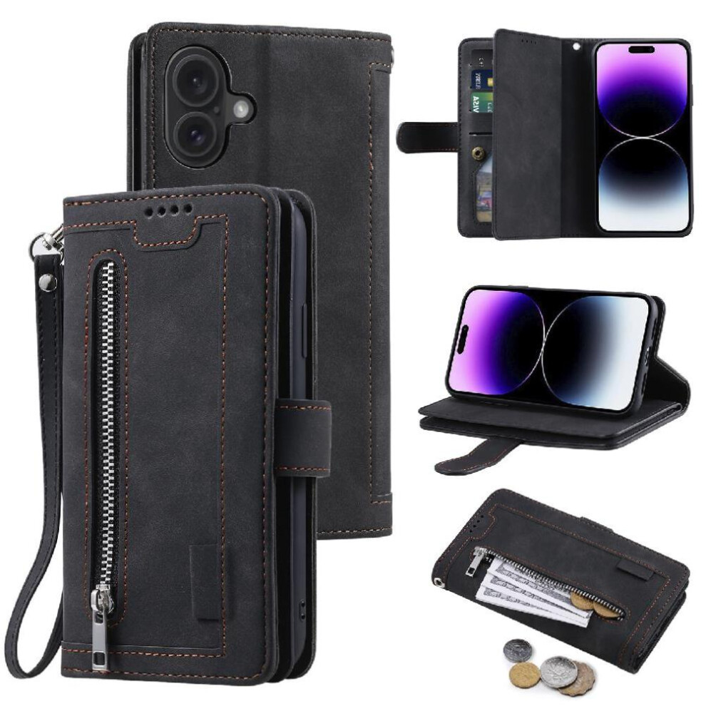 (Black) Flip Case For Iphone 16 Pu Leather Kickstand 9 Card Slots Wallet Lanyard Black 764563737963
