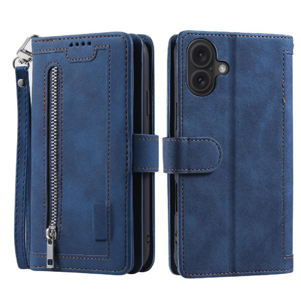 (Blue) Flip Case For Iphone 16 Pu Leather Kickstand 9 Card Slots Wallet Lanyard Blue 764563737956