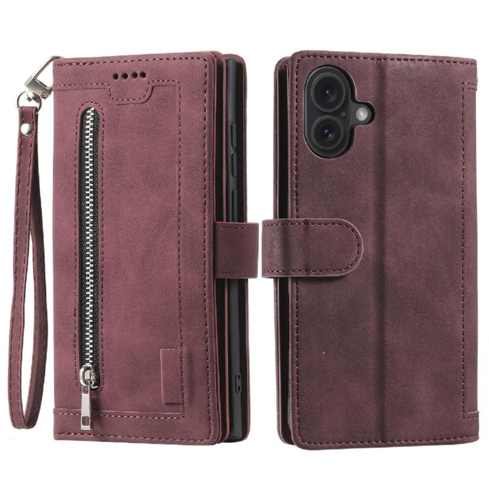 (Red) Flip Case For Iphone 16 Pu Leather Kickstand 9 Card Slots Wallet Lanyard Red 764563737994