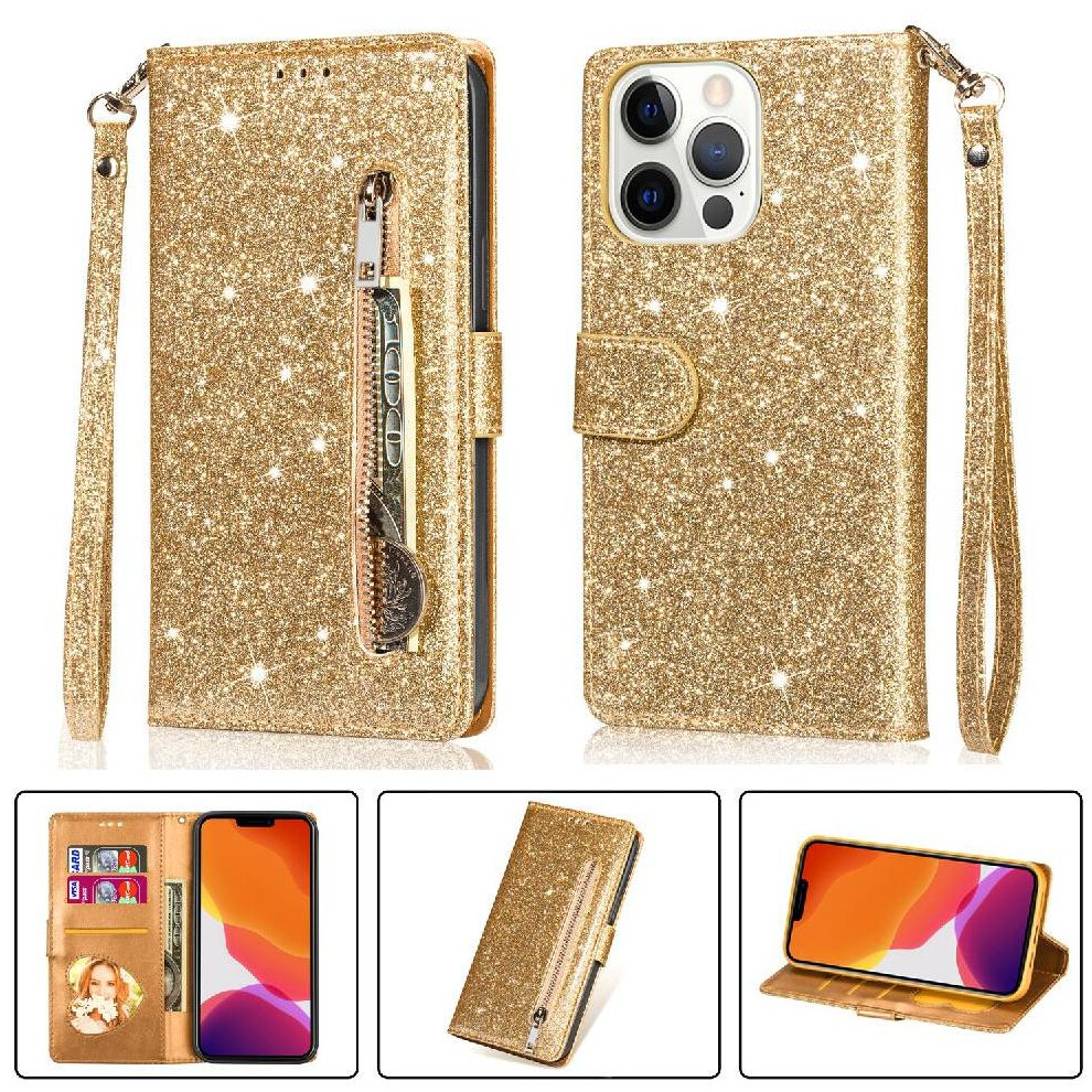 (Gold) Zipper Pocket Case For Iphone 13 Pro Magnetic Closure Wrist Strap Pu Leather Glitter Wallet Case Card Holder Gold 764563738052