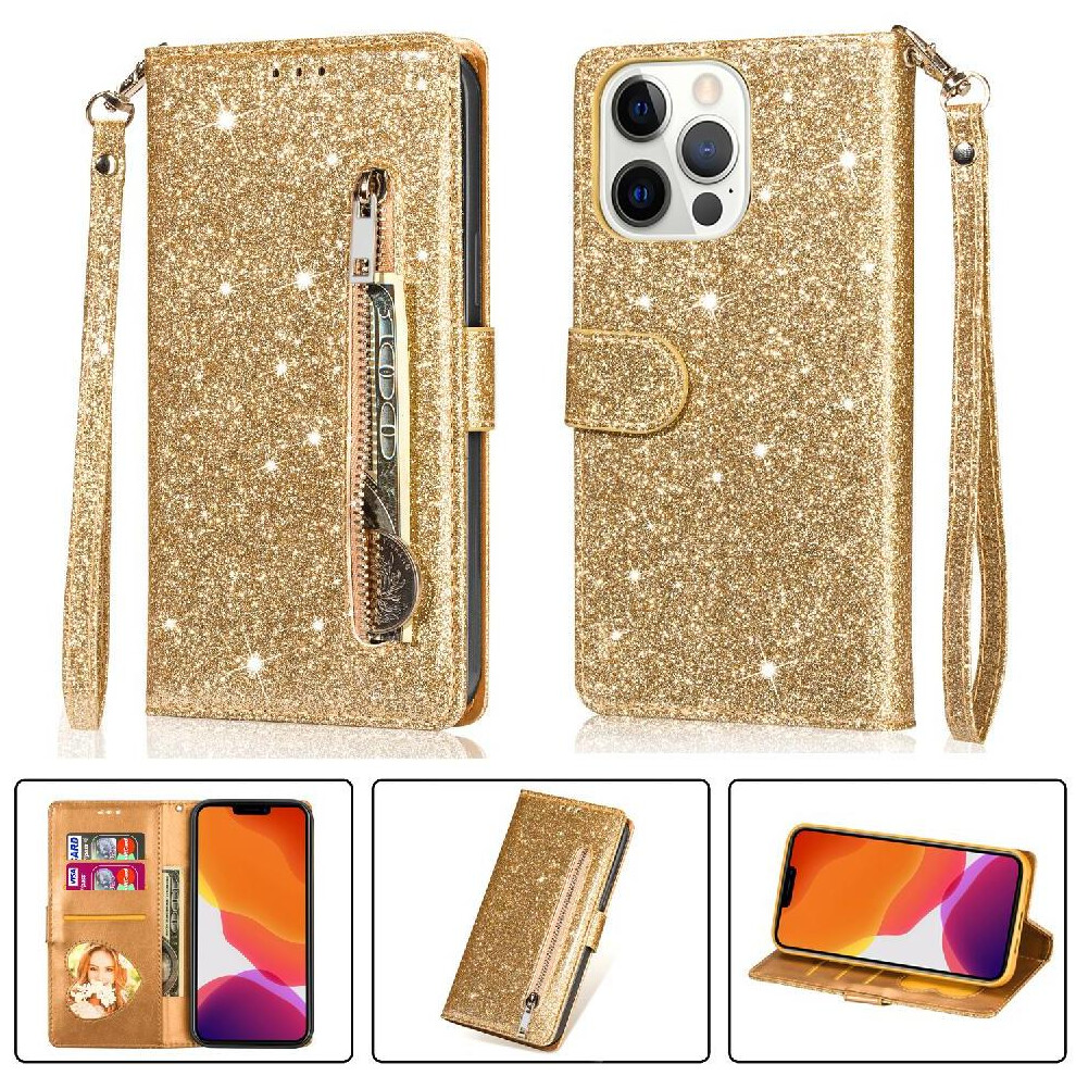Photos - Case Zipper Pocket for iphone 13 Pro Max Glitter Wallet Wrist Strap Pu Leather Card Holder Magnetic Closure(Gold)