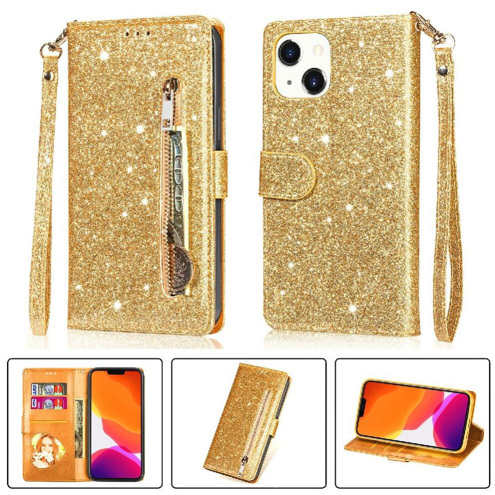 (Gold) Zipper Pocket Case For Iphone 13 Glitter Wallet Case Wrist Strap Pu Leather Magnetic Closure Card Holder Gold 764563738175