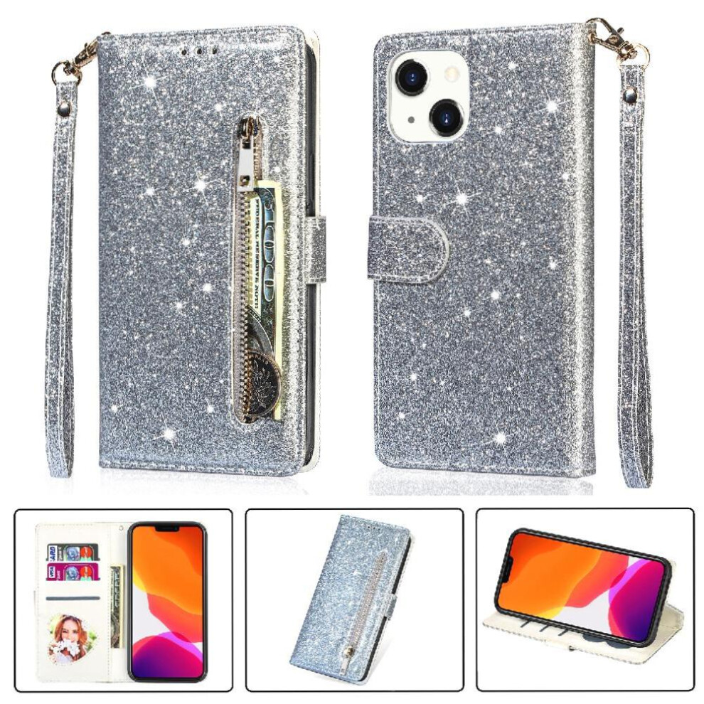 (Silver) Zipper Pocket Case For Iphone 13 Glitter Wallet Case Wrist Strap Pu Leather Magnetic Closure Card Holder Silver 764563738182