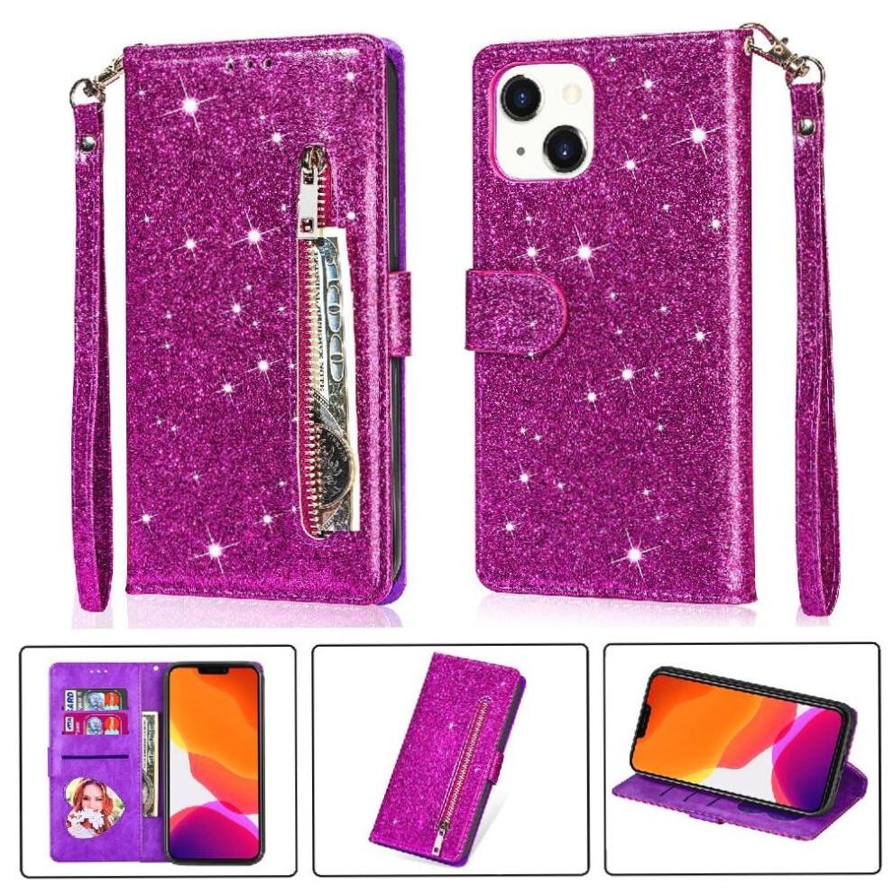 (Purple) Zipper Pocket Case For Iphone 13 Glitter Wallet Case Wrist Strap Pu Leather Magnetic Closure Card Holder Purple 764563738229