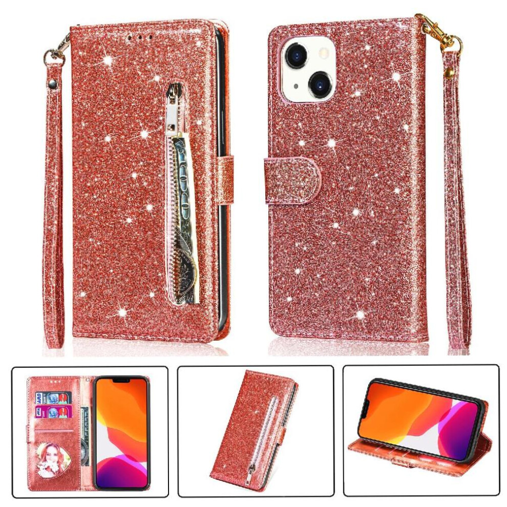 (Rose ) Zipper Pocket Case For Iphone 13 Glitter Wallet Case Wrist Strap Pu Leather Magnetic Closure Card Holder Gold 764563738205