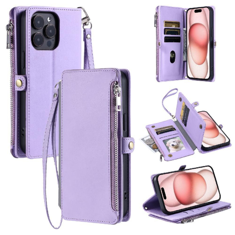 (Purple) Crossbody Case For Iphone 13 Pro Rfid Blocking Long Lanyard Case Wallet Zipper Bills Slot 9 Card Slots Purple 764563738359