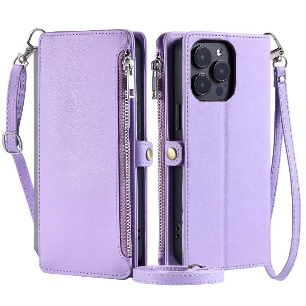 (Purple) Crossbody Case For Iphone 13 Pro Max Long Lanyard Rfid Blocking Zipper Bills Slot Case Wallet 9 Card Slots Purple 764563738403