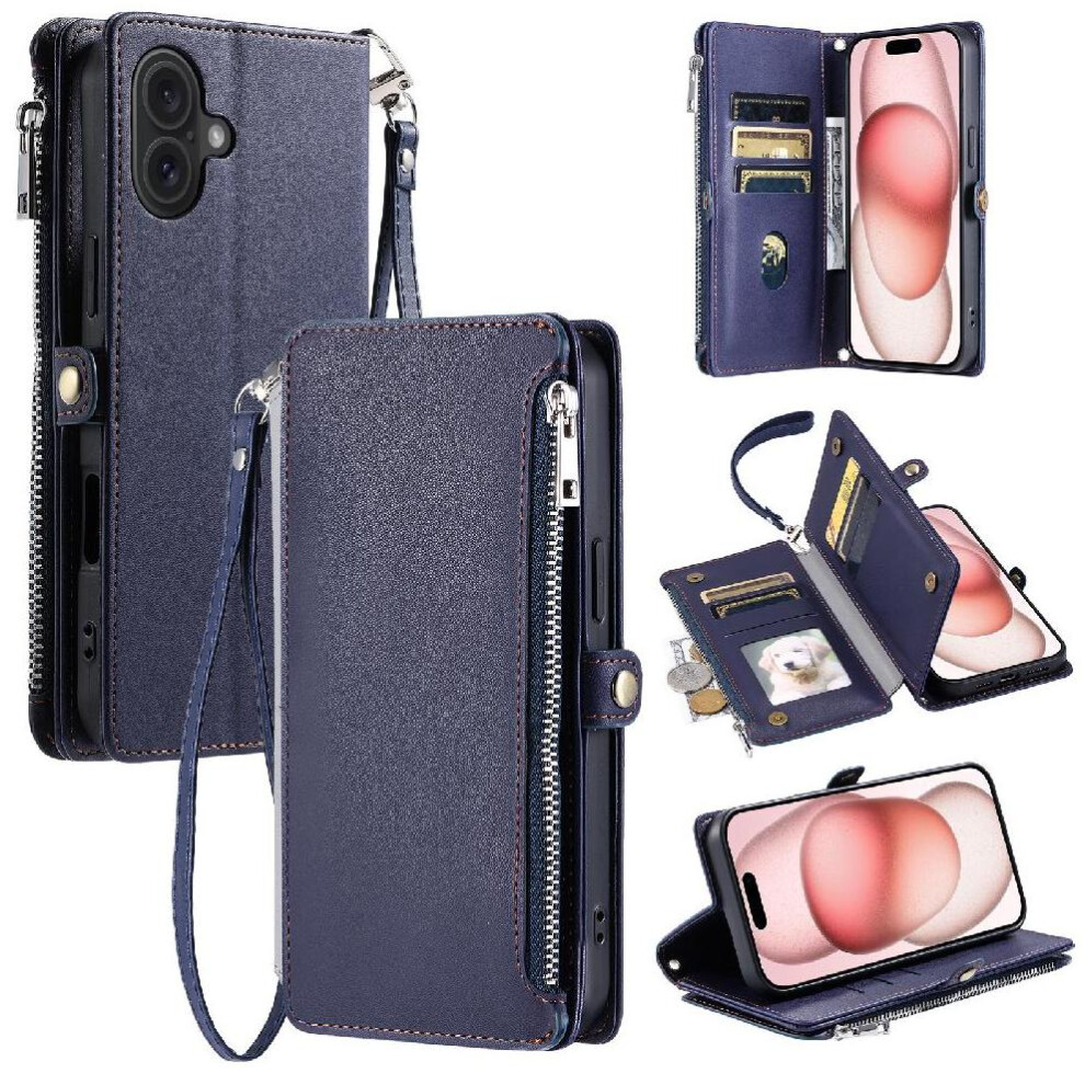 (Blue) Crossbody Case For Iphone 16 9 Card Slots Rfid Blocking Long Lanyard Case Wallet Zipper Bills Slot Blue 764563738533