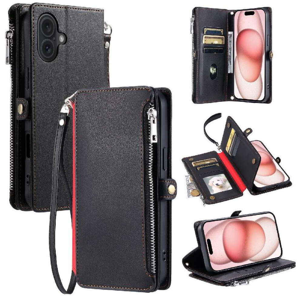 (Black) Crossbody Case For Iphone 16 9 Card Slots Rfid Blocking Long Lanyard Case Wallet Zipper Bills Slot Black 764563738540