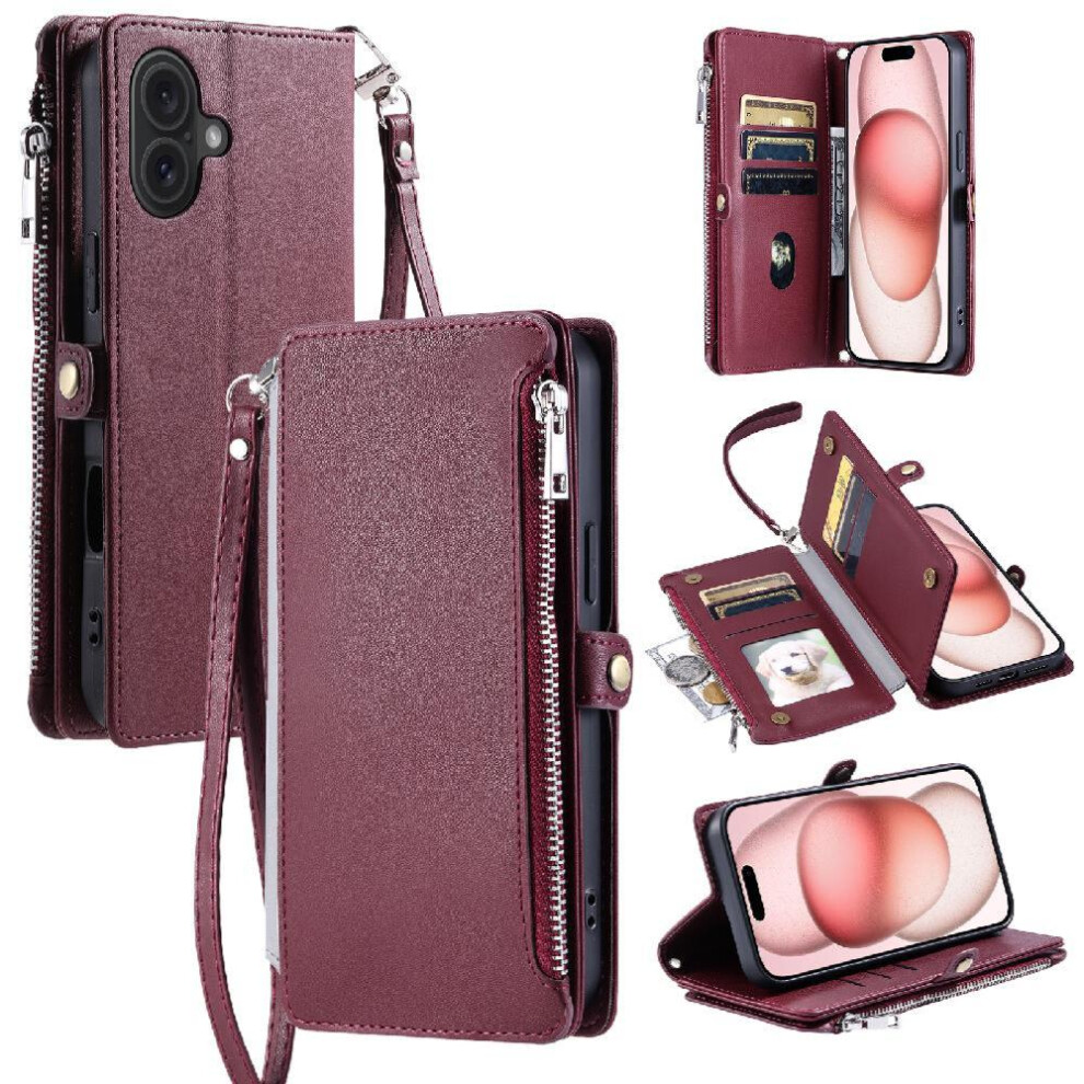 (Red) Crossbody Case For Iphone 16 9 Card Slots Rfid Blocking Long Lanyard Case Wallet Zipper Bills Slot Red 764563738526
