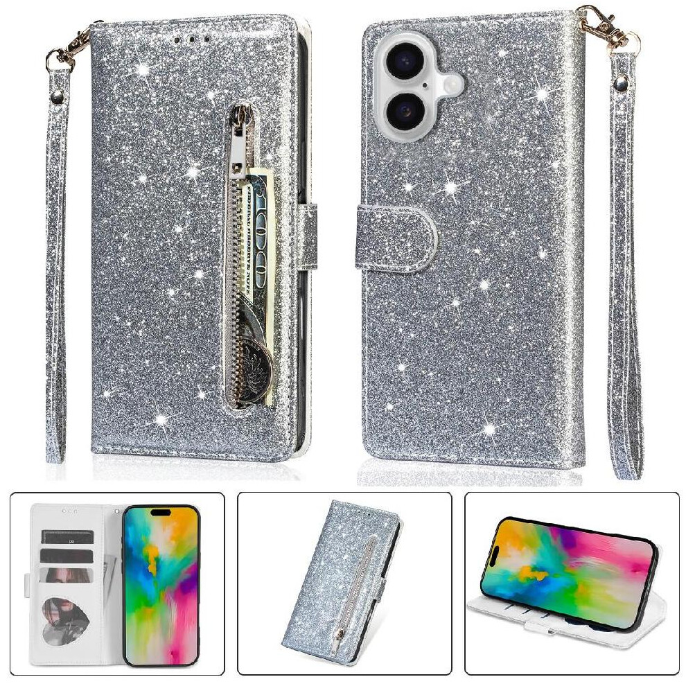 (Silver) Zipper Pocket Case For Iphone 16 Wrist Strap Magnetic Closure Card Holder Glitter Wallet Case Pu Leather Silver 764563738892