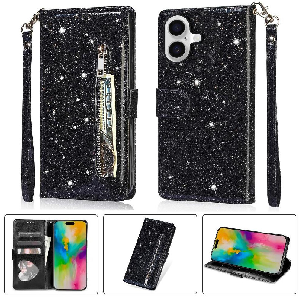 (Black) Zipper Pocket Case For Iphone 16 Wrist Strap Magnetic Closure Card Holder Glitter Wallet Case Pu Leather Black 764563738908