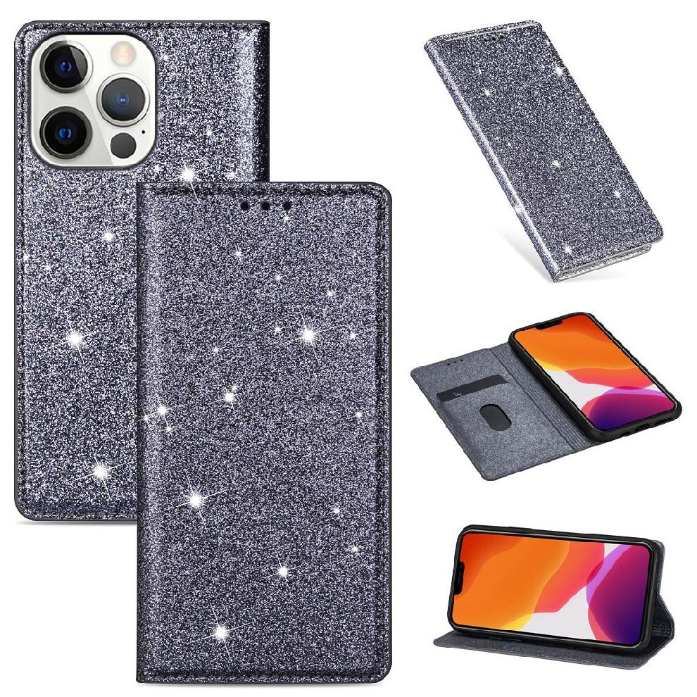 ( ) Glitter Flip Case For Iphone 13 Pro Magnetic Closure Flip Case Wallet Card Holder Pu Leather Gray 764563739929