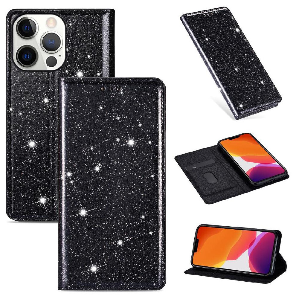(Black) Glitter Flip Case For Iphone 13 Pro Magnetic Closure Flip Case Wallet Card Holder Pu Leather Black 764563739943