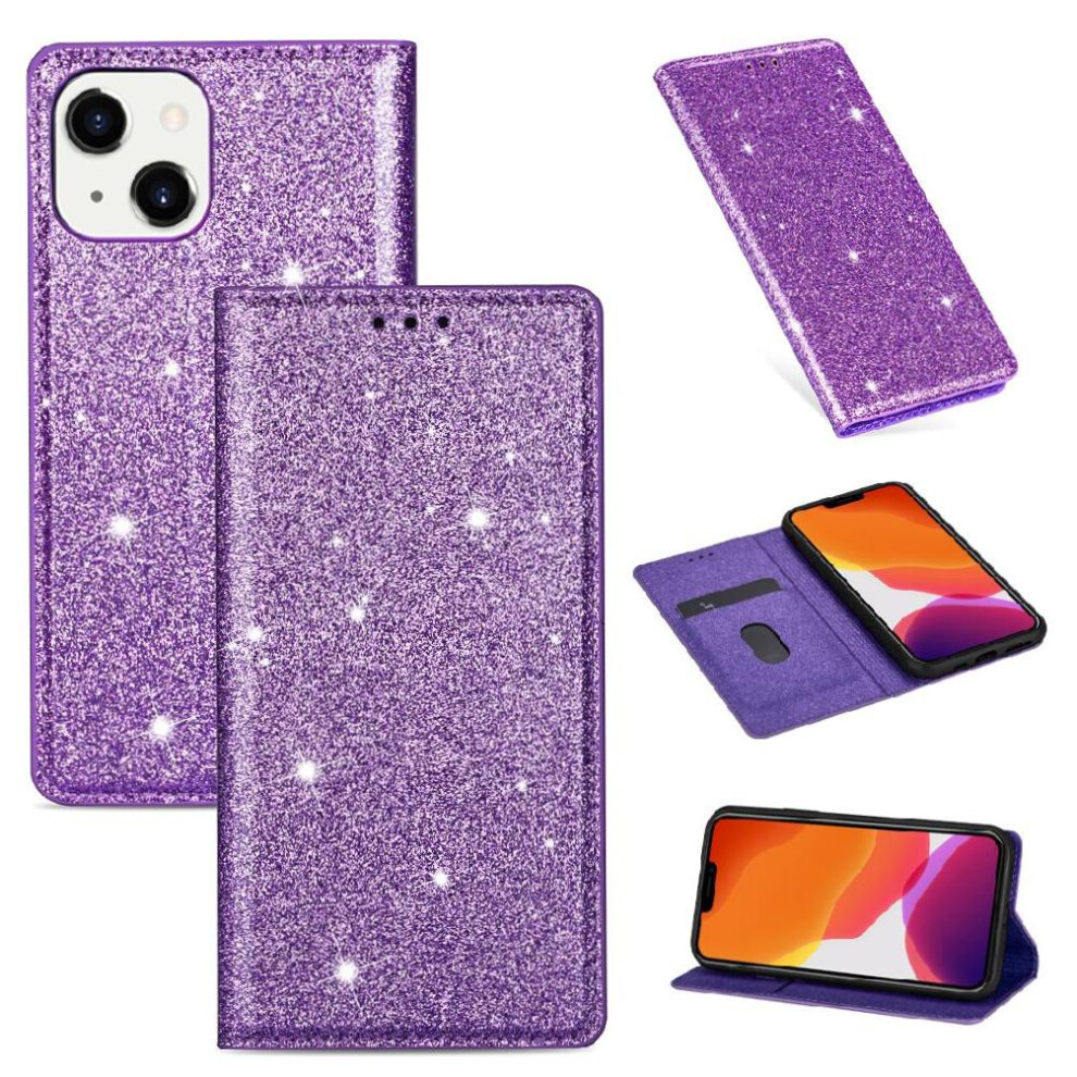 (Purple) Glitter Flip Case For Iphone 13/Iphone 14 Flip Case Wallet Card Holder Magnetic Closure Pu Leather Purple 764563740130