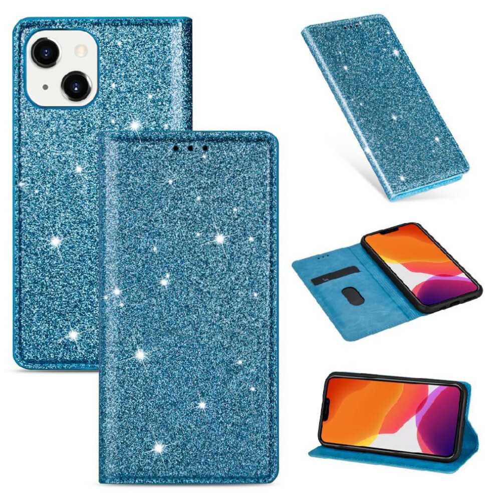 (Blue) Glitter Flip Case For Iphone 13/Iphone 14 Flip Case Wallet Card Holder Magnetic Closure Pu Leather Blue 764563740086
