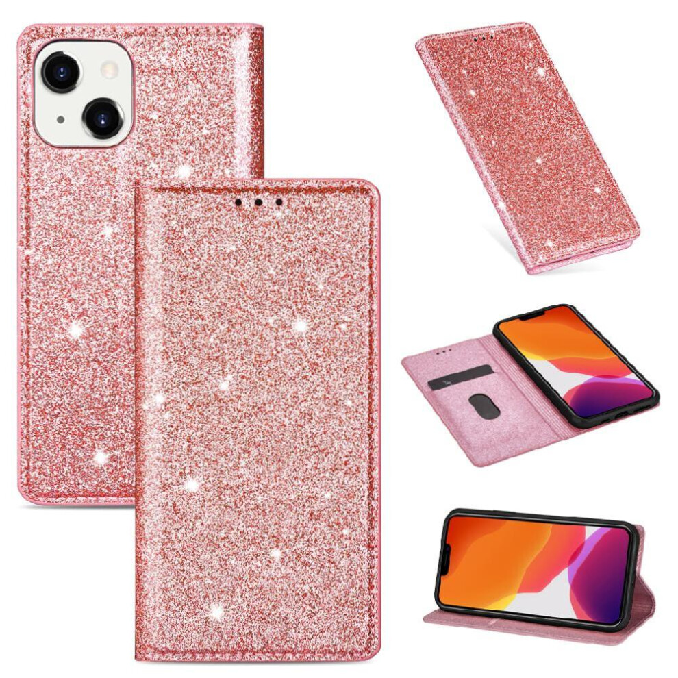 (Rose ) Glitter Flip Case For Iphone 13/Iphone 14 Flip Case Wallet Card Holder Magnetic Closure Pu Leather Gold 764563740116