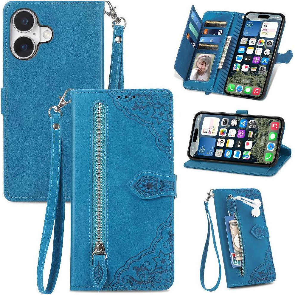 (Blue) Flip Case For Iphone 16 Wallet Multi-Color Multi-Card Slot Flip Zipper Style Business Blue 764563740802