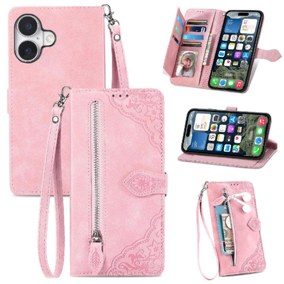 (Pink) Flip Case For Iphone 16 Wallet Multi-Color Multi-Card Slot Flip Zipper Style Business Pink 764563740789