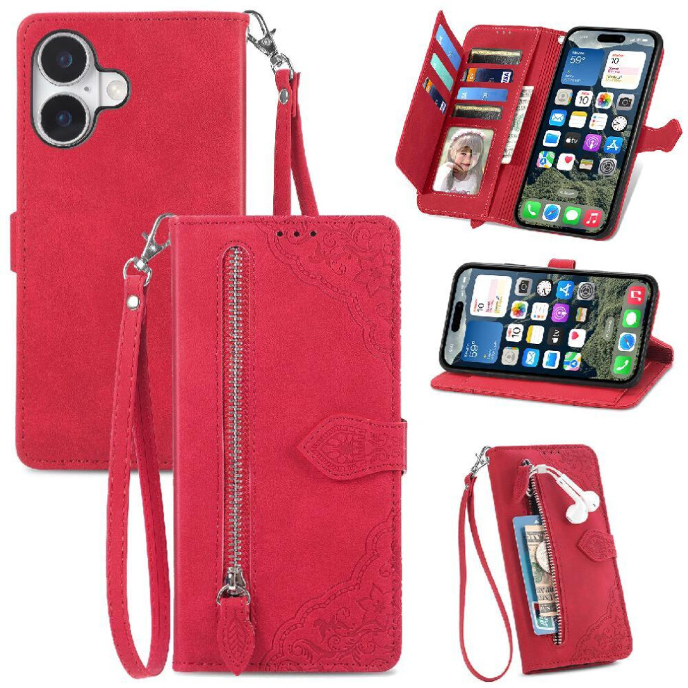 (Red) Flip Case For Iphone 16 Wallet Multi-Color Multi-Card Slot Flip Zipper Style Business Red 764563740796