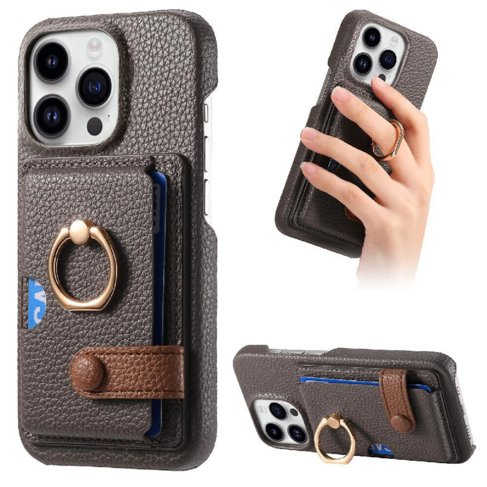 ( ) Case For Iphone 16 Pro Premium Textured Leather Ring Stand Card Slots Gray 764563741328