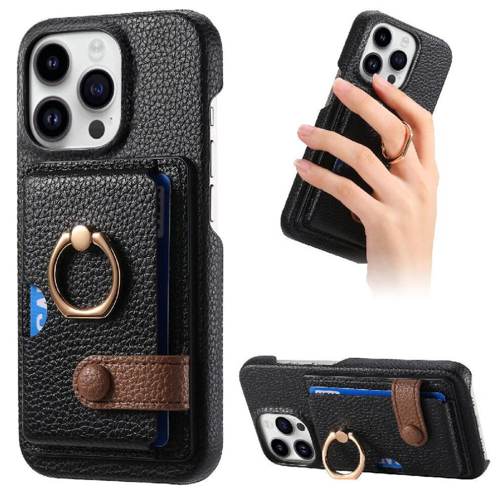 (Black) Case For Iphone 16 Pro Max Premium Textured Leather Card Slots Ring Stand Black 764563741397