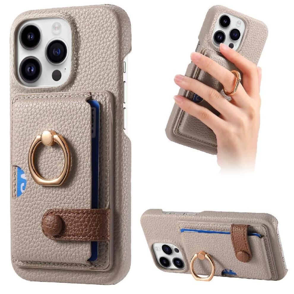 (Khaki ) Case For Iphone 16 Pro Max Premium Textured Leather Card Slots Ring Stand 764563741403