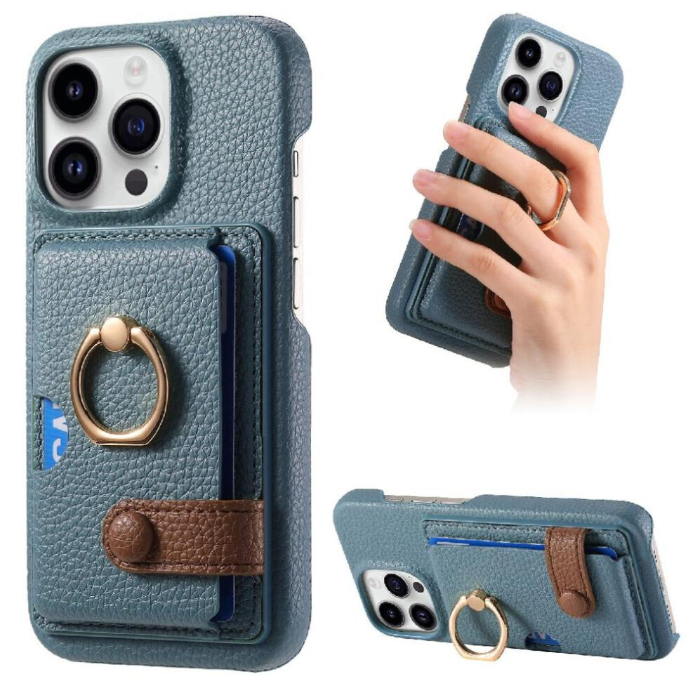 (Blue) Case For Iphone 16 Pro Max Premium Textured Leather Card Slots Ring Stand Blue 764563741380