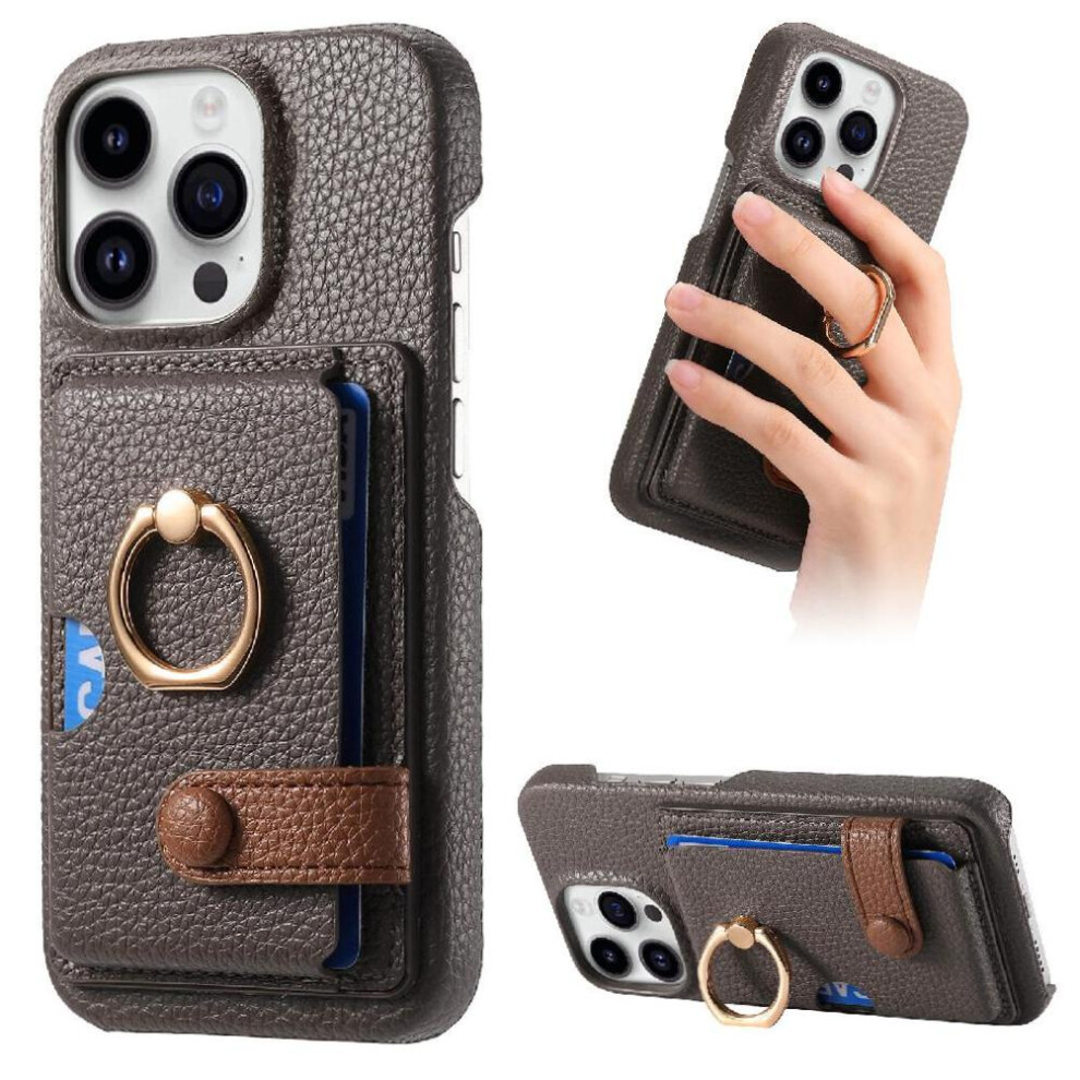 ( ) Case For Iphone 16 Pro Max Premium Textured Leather Card Slots Ring Stand Gray 764563741410