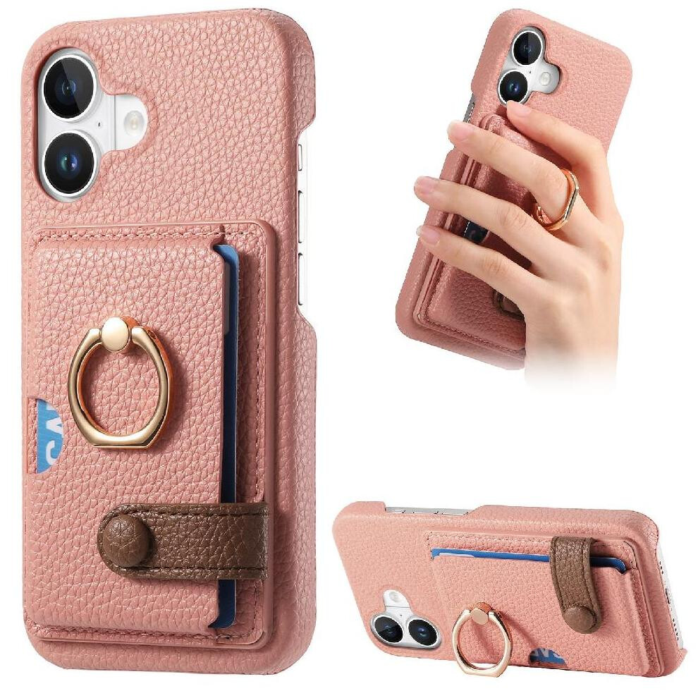 (Pink) Case For Iphone 16 Card Slots Premium Textured Leather Ring Stand Pink 764563741441