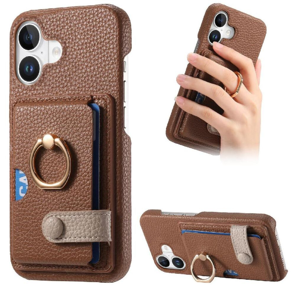 (Brown) Case For Iphone 16 Card Slots Premium Textured Leather Ring Stand Brown 764563741458