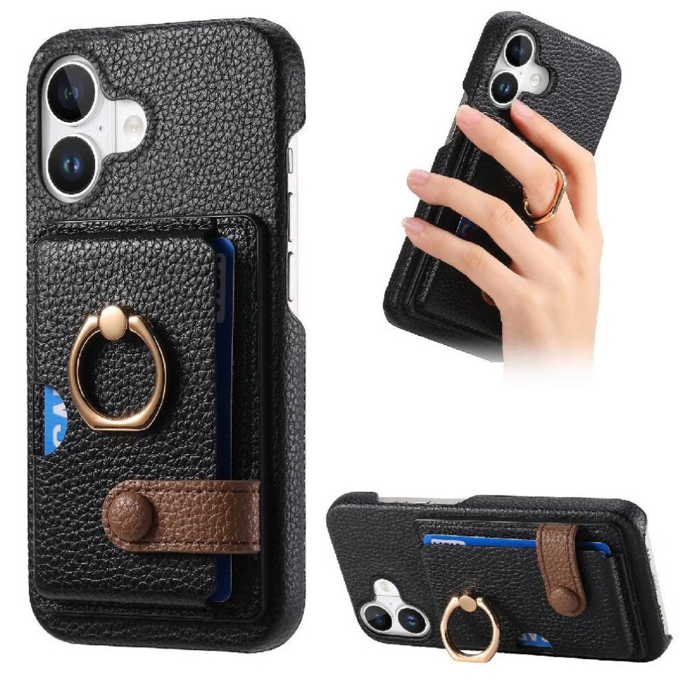 (Black) Case For Iphone 16 Card Slots Premium Textured Leather Ring Stand Black 764563741489
