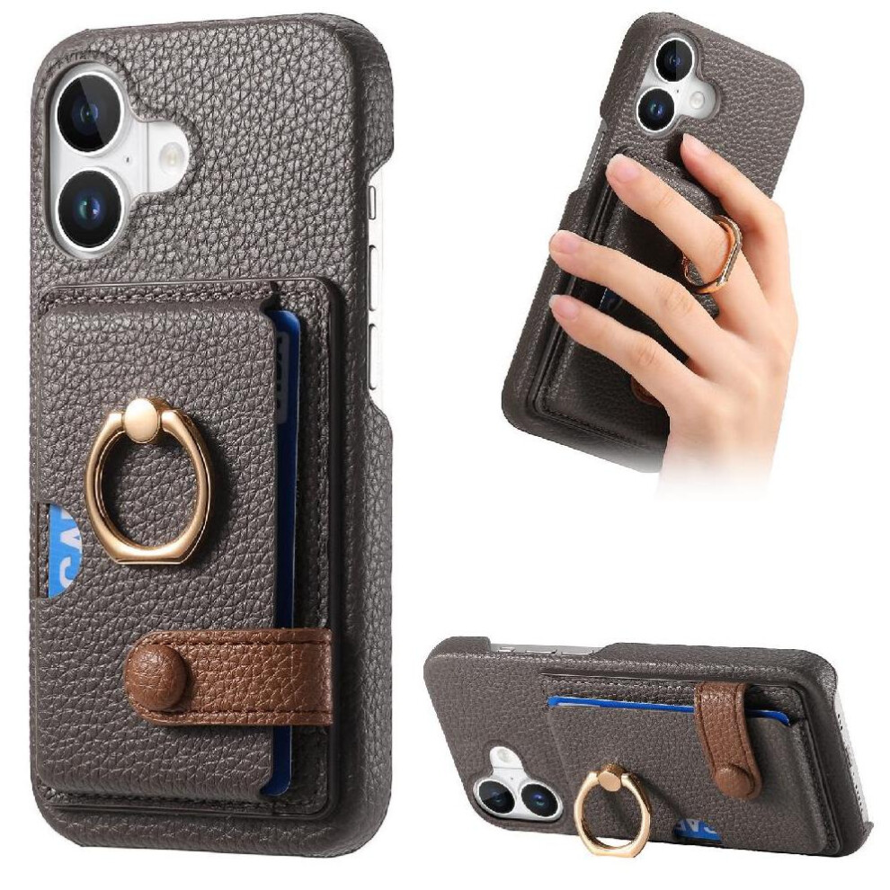 ( ) Case For Iphone 16 Card Slots Premium Textured Leather Ring Stand Gray 764563741502