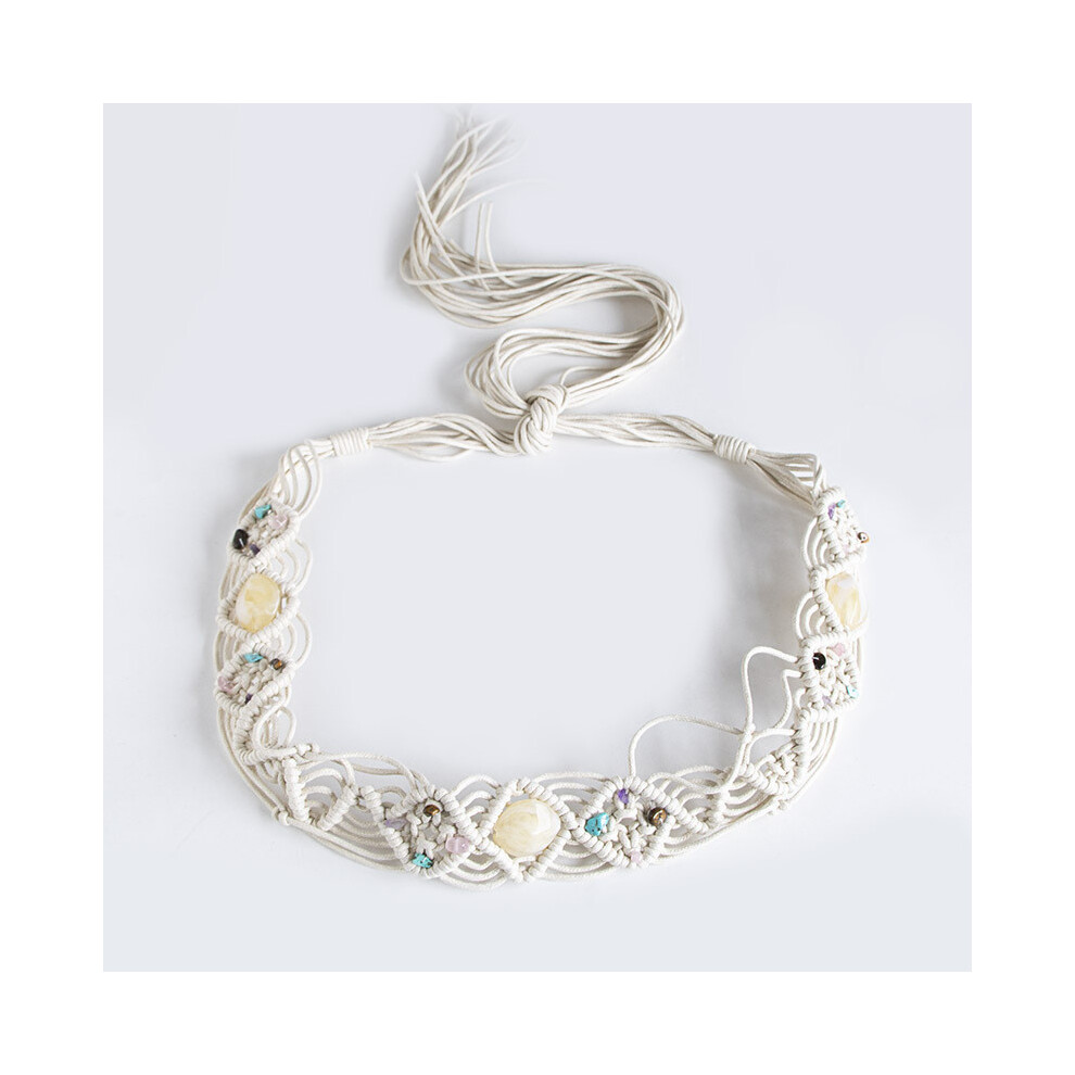 (White)Ceinture tressée bohème avec fermeture nouée et décoration gravier à porter décontracté