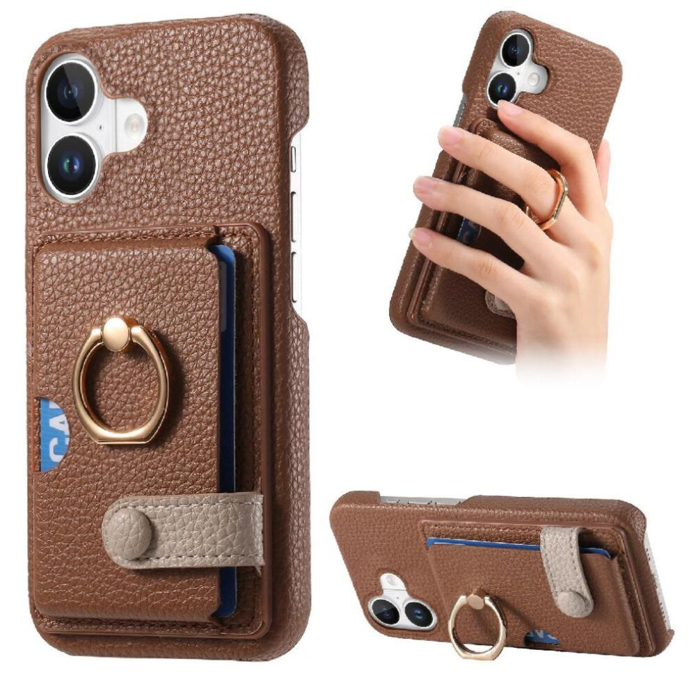 (Brown) Case For Iphone 16 Plus Ring Stand Card Slots Premium Textured Leather Brown 764563741540