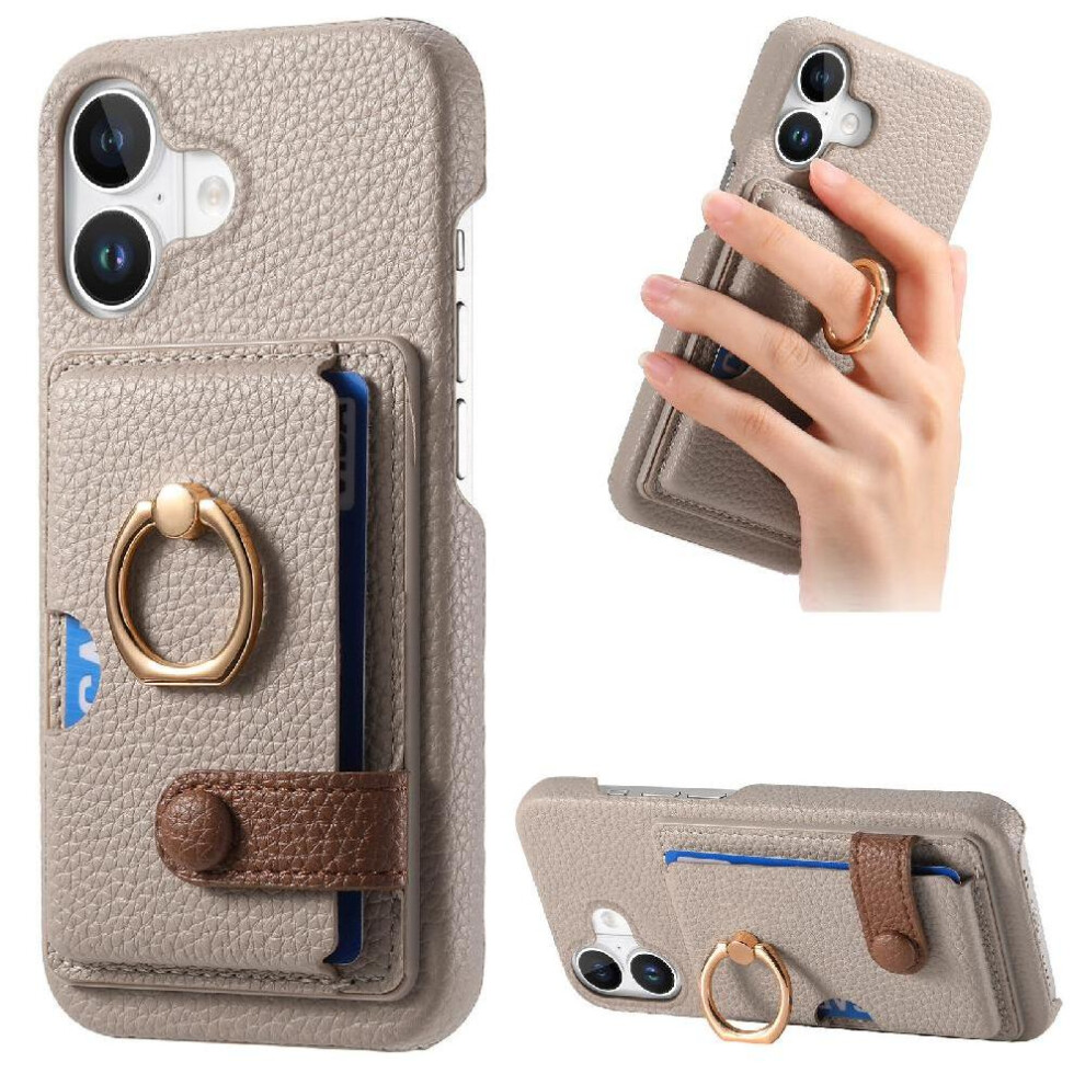 (Khaki ) Case For Iphone 16 Plus Ring Stand Card Slots Premium Textured Leather 764563741588
