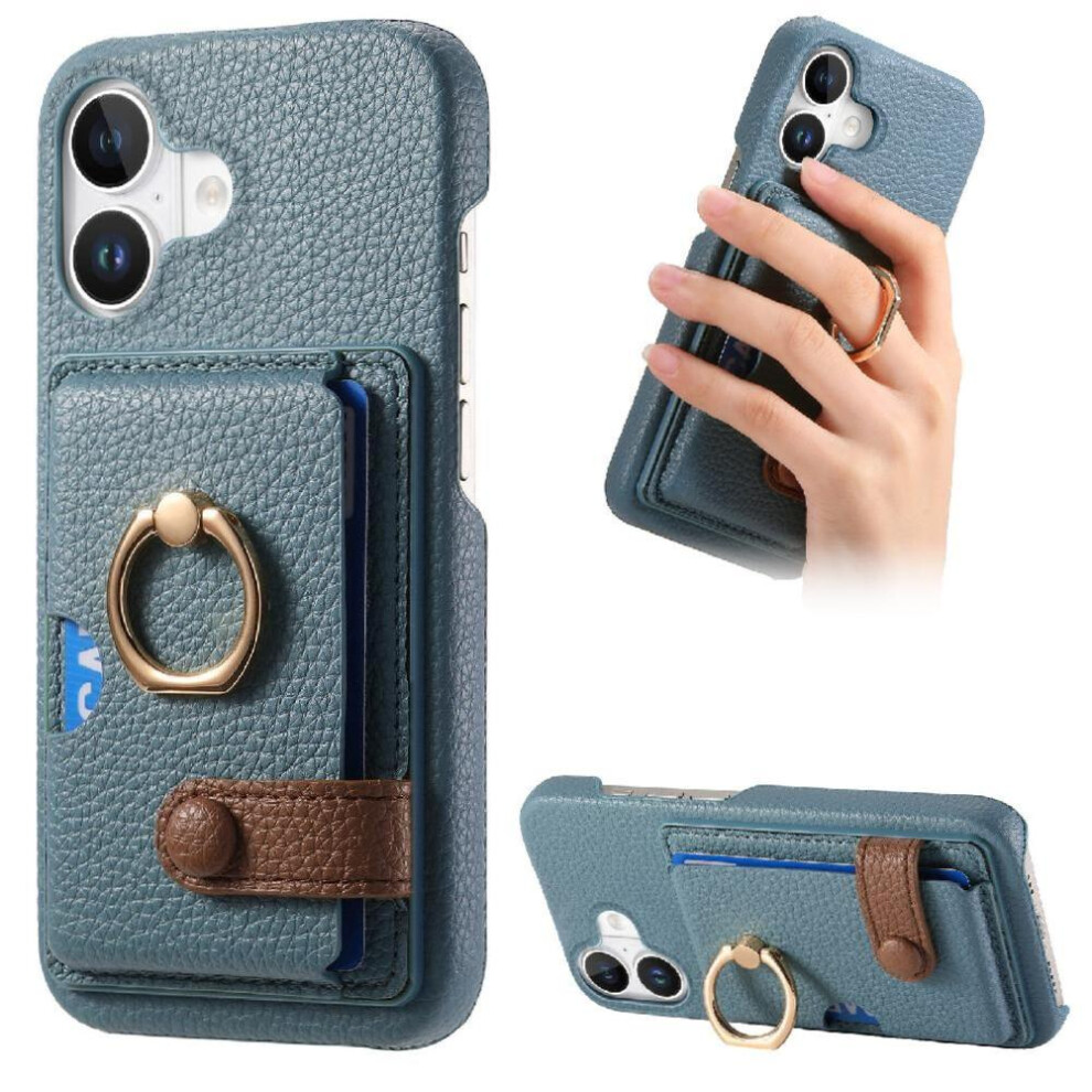 (Blue) Case For Iphone 16 Plus Ring Stand Card Slots Premium Textured Leather Blue 764563741564