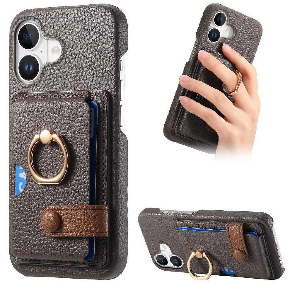 ( ) Case For Iphone 16 Plus Ring Stand Card Slots Premium Textured Leather Gray 764563741595