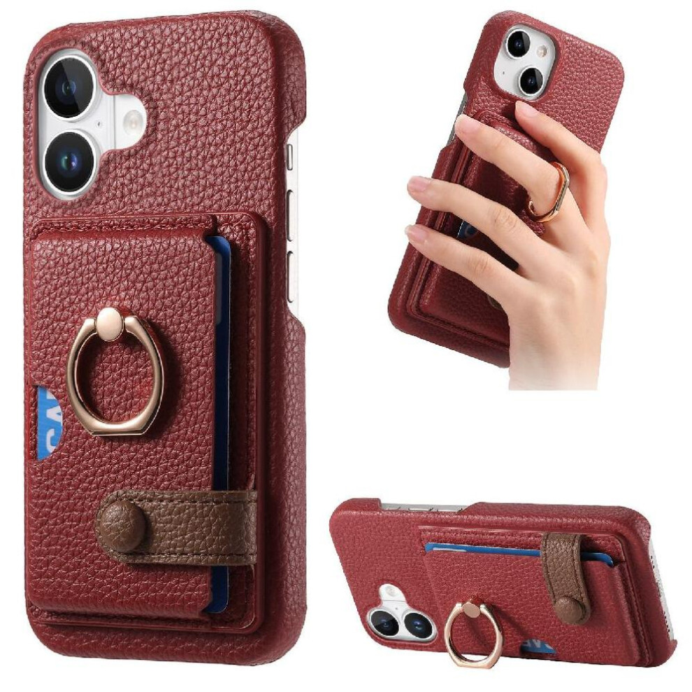Photos - Case   for iphone 16 Plus Ring Stand Card Slots Premium Textured Leather(Red)
