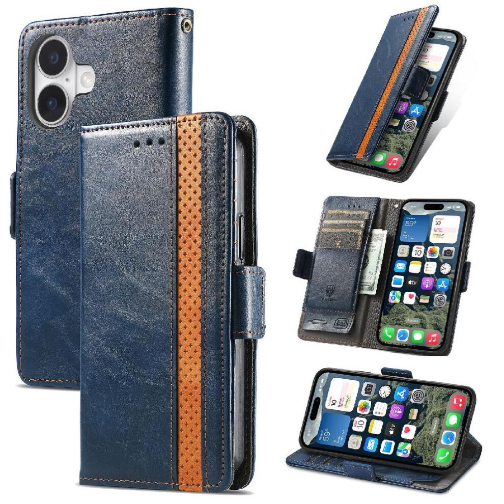 (Blue) Case For Iphone 16 Multi-Color Multi-Card Slot Splicing Business Wallet Blue 764563741632