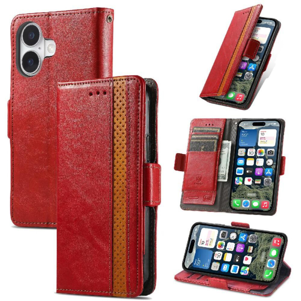 (Red) Case For Iphone 16 Plus Multi-Color Splicing Multi-Card Slot Business Wallet Red 764563741731