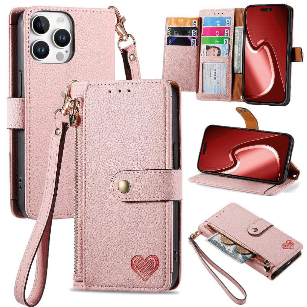 (Pink) Case For Iphone 16 Pro Lanyard Love Zipper Wallet Leather Case Pink 764563743032
