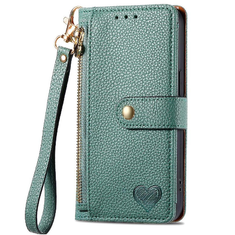 (Green) Case For Iphone 16 Pro Lanyard Love Zipper Wallet Leather Case Green 764563743056