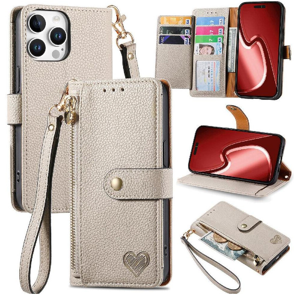 (Silver) Case For Iphone 16 Pro Lanyard Love Zipper Wallet Leather Case Silver 764563743070