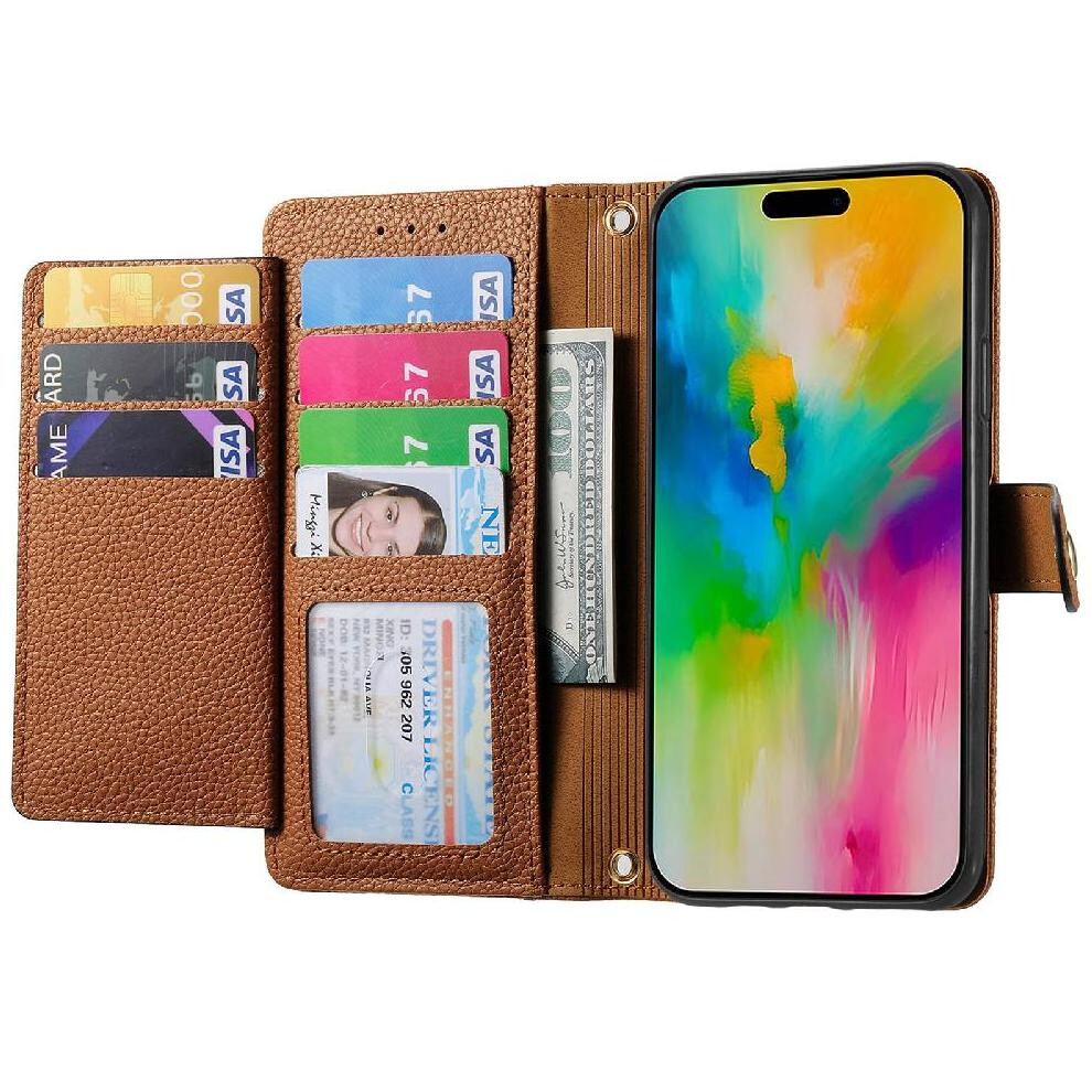 (Brown) Case For Iphone 16 Leather Case Zipper Love Wallet Lanyard Brown 764563743148