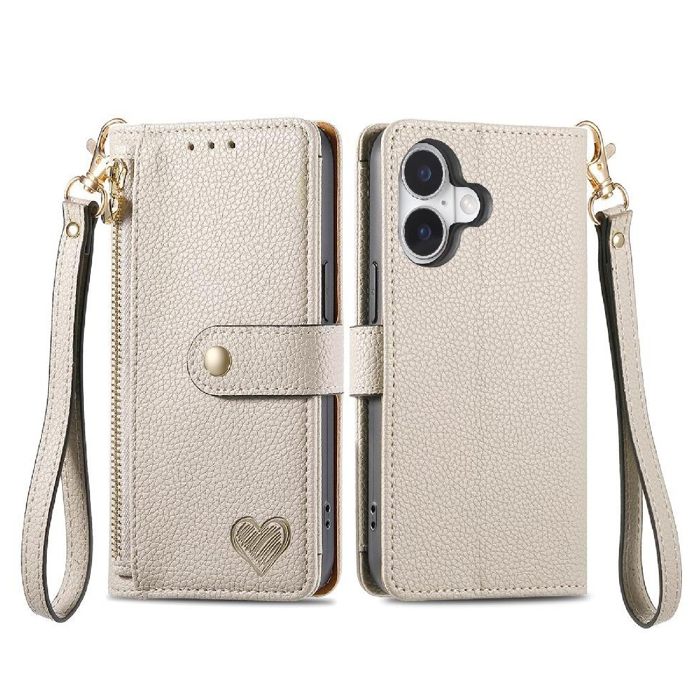 (Silver) Case For Iphone 16 Leather Case Zipper Love Wallet Lanyard Silver 764563743193