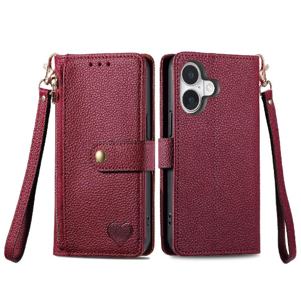 (Red) Case For Iphone 16 Leather Case Zipper Love Wallet Lanyard Red 764563743162